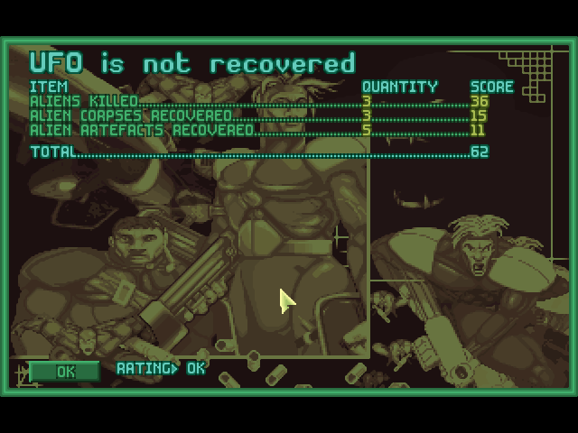 This screen indicates an “ok” mission score, even though no one died and a lot of aliens were killed and stuff recovered