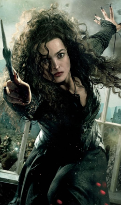 Bellatrix Lestrange, wielding her wand and looking frazzled.